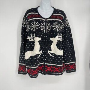 J.Jill  Deer Valley Holiday Reindeer Wool Full‎ Zip Sweater Women's Size Large